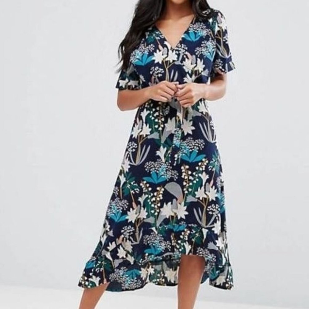 YUMI UK Wrap Top Floral High Low Blue Ruffle Midi Dress